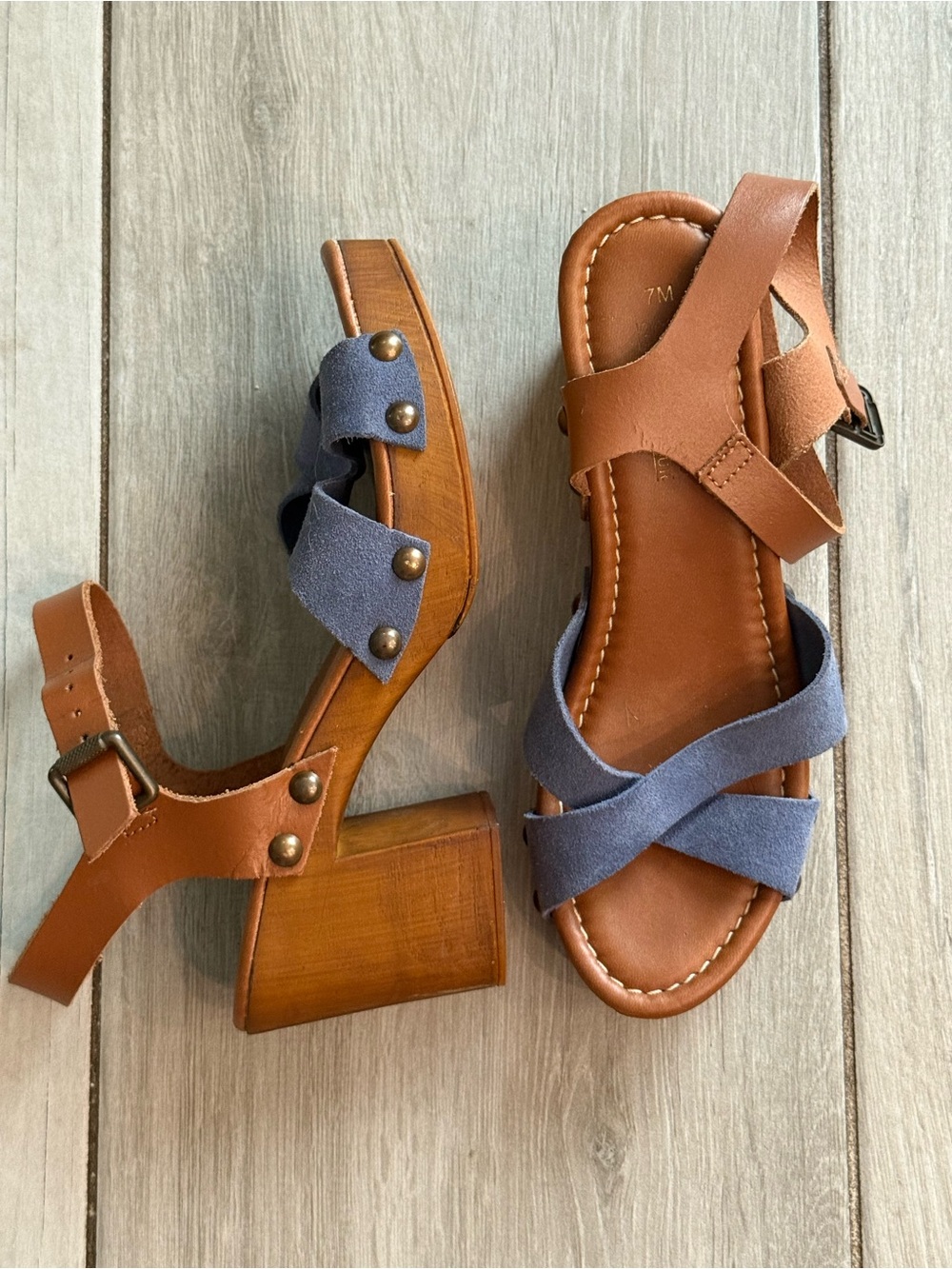 Coach and Four Brown Leather & Blue Suede Block Heel Sandals